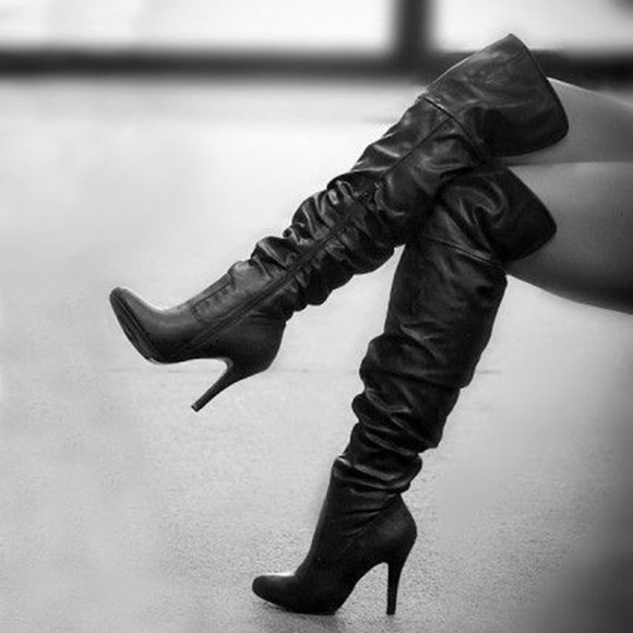 Shoes - NEW Black Faux Leather Slouch Over The Knee/ Knee High Boot Stiletto Heel Zipper